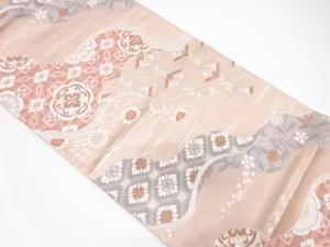 道長取りに向かい鶴・花模様織り出し　袋帯